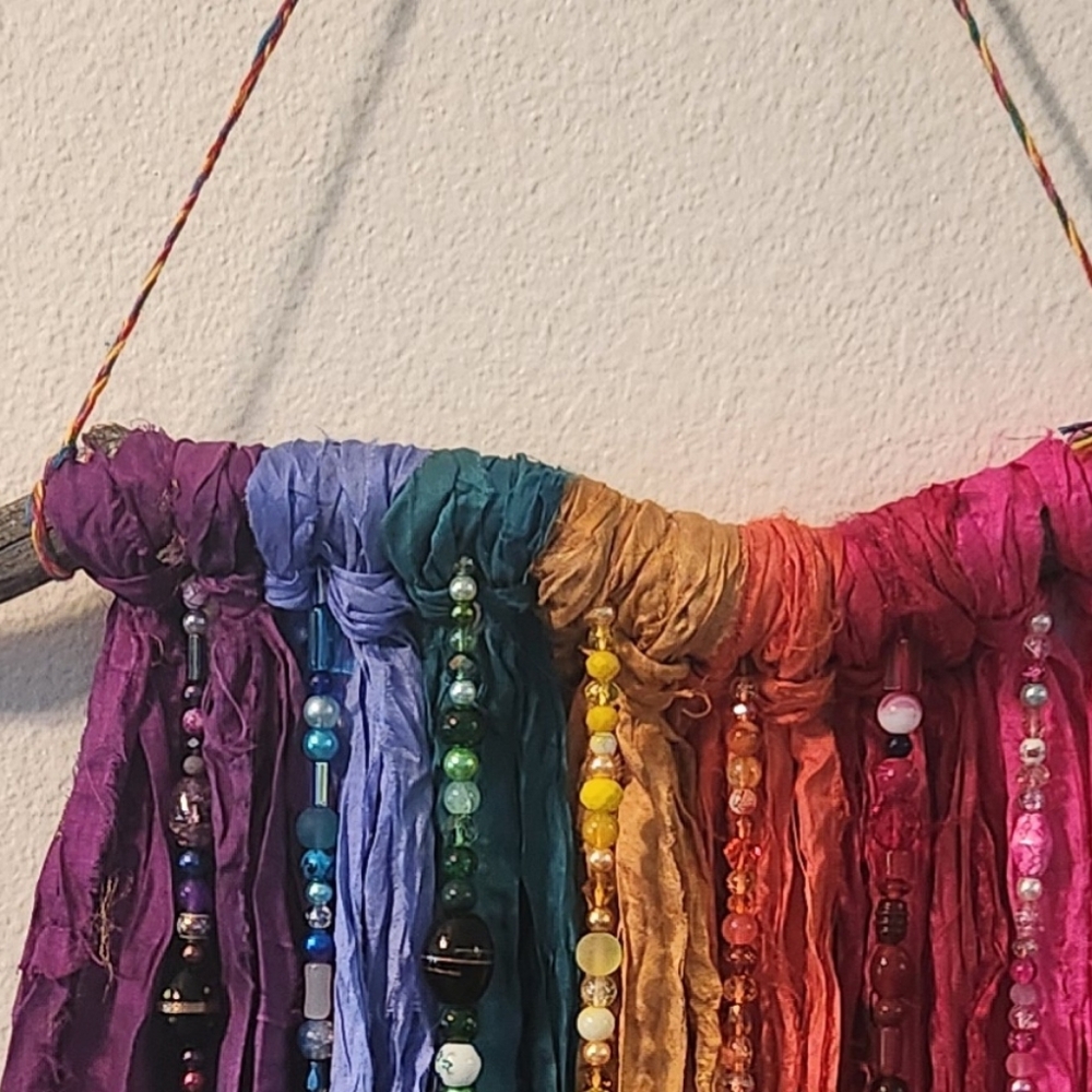 Boho Sari Silk Ribbon and Glass Bead Wall Hanging - Picture 4 of 5